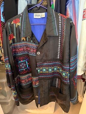 Chico's Black Silk Jacket with Multicolor Folk Embroidery